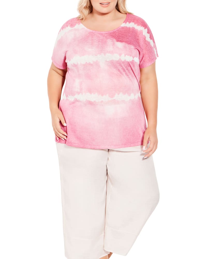 Front of a model wearing a size 18 TOP BRAYLEE Abstract in Hot Pink by avenue. | dia_product_style_image_id:298476